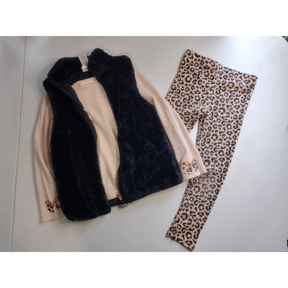 Little‎ Lass Girls 3PC Set Black Faux Fur Vest Pink Thermal Leopard Leggings 6X